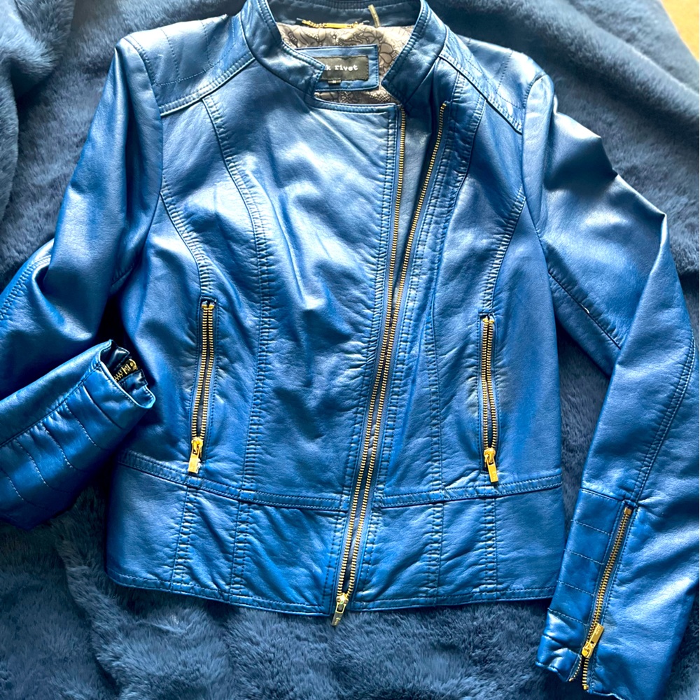 Blue  Faux Leather Moto Jacket - Medium